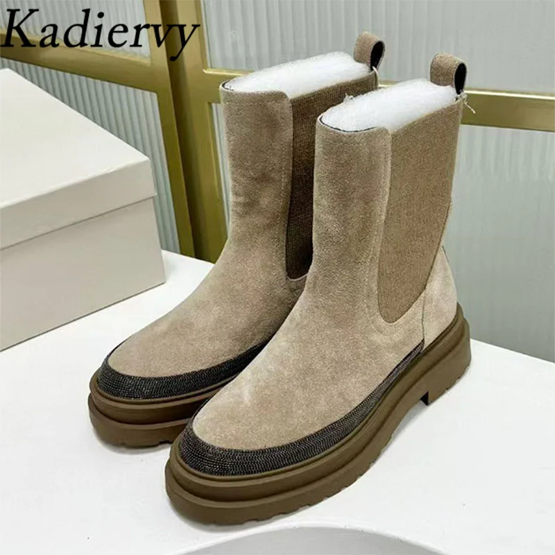 New Flat Motorcycle Boots Woman Round Toe Slip-on Ankle Boots String Bead Thick Sole Shoes Woman Suede Leather Short Boots Woman