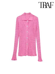 TRAF 2023 Spring Autumn Women New Knitwear Commuter Lapel Collar Slim Long-sleeved Single-breasted Knitted Cardigan