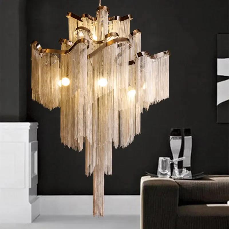 

Luxury Chandelier Fringed Pendant Lamp Aluminium Chain Stair Silver Gold Ceiling Light for Home Hotel Decoration Hanging Lamp