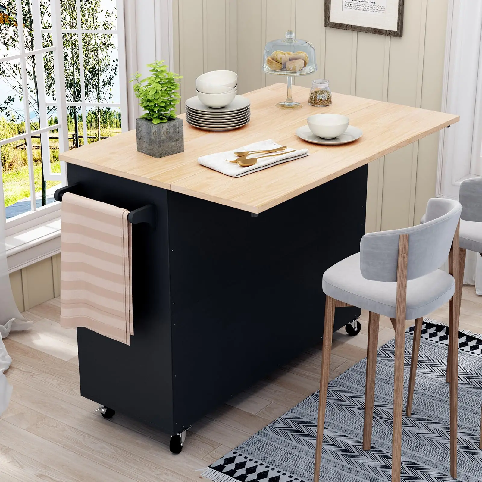 Kitchen Island with Storage, Black Rolling Kitchen Island on Wheels with Drop-Leaf Bar Countertop, Island Table for