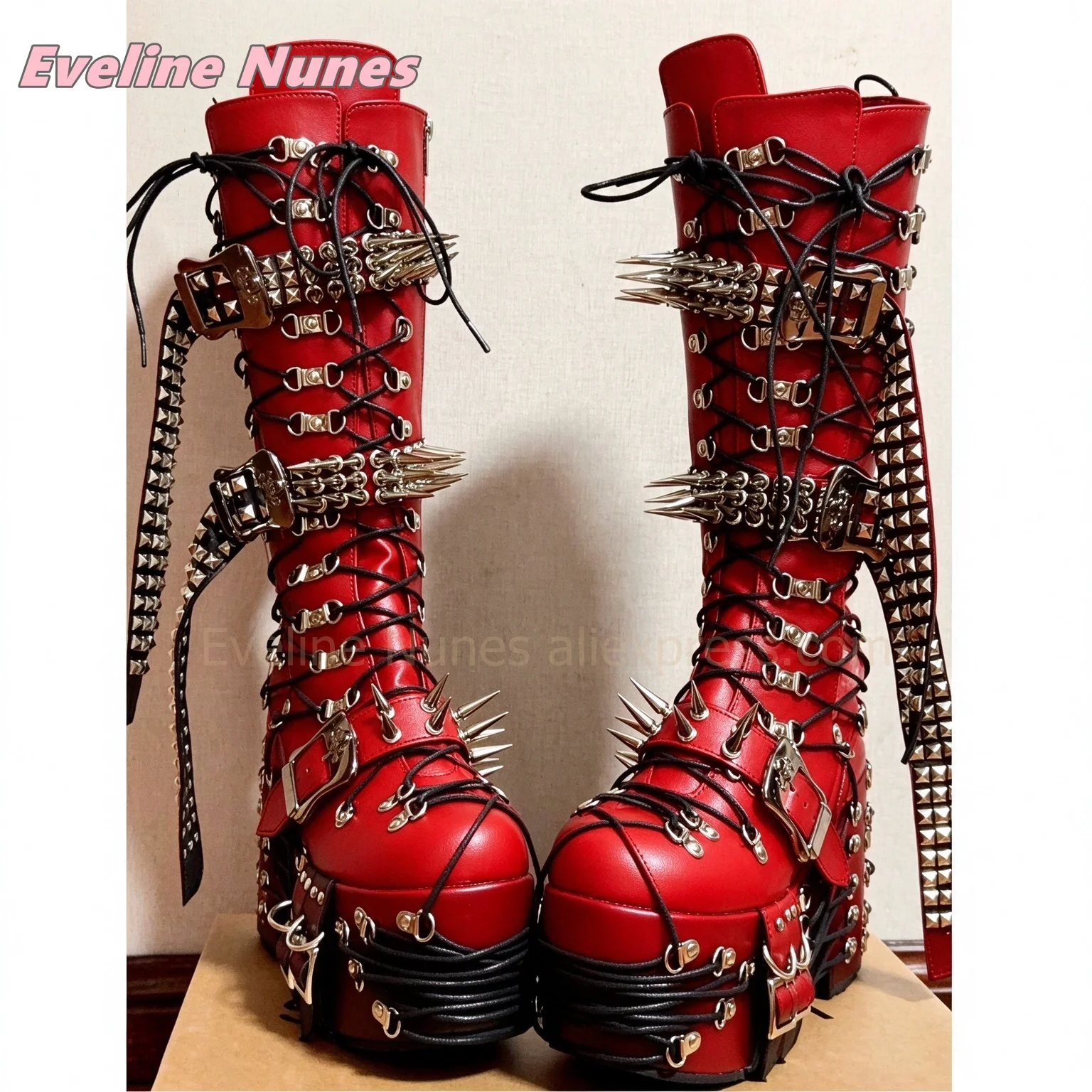 Gothic Rock Women Red Platform Motorcycle Boots Metal Spikes Studs Multi Buckle Lace Up Knee High Boots Boots Side Zip Cosplay