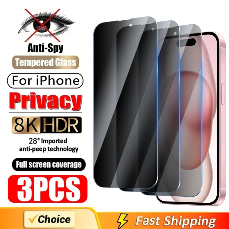 

3PCS Anti-Spy Glass For iPhone 15 14 13 12 11 PRO MAX Privacy Screen Protectors For iPhone XS Max XR 7 8 Plus SE Tempered Glass