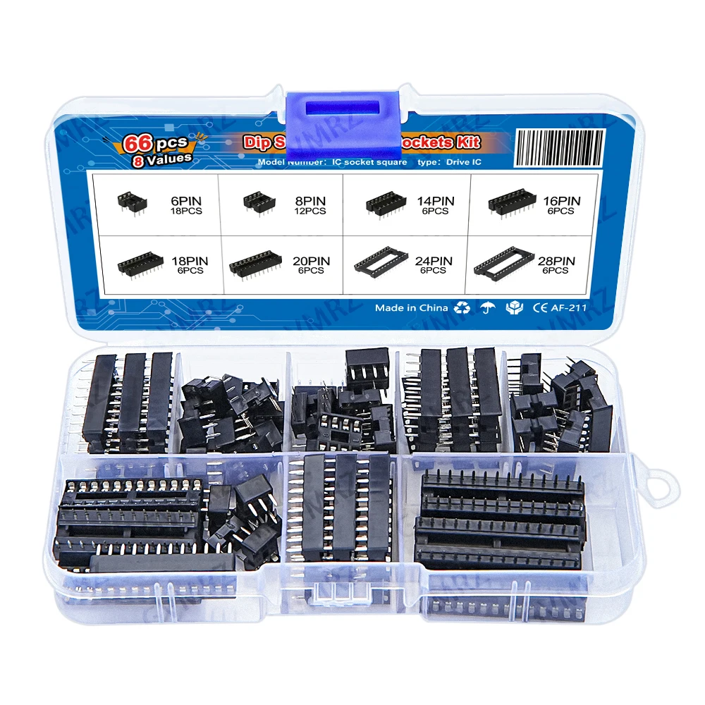 66PCS/lot 20 24 28 Pin with Box DIP IC Sockets Adaptor Solder Type Socket Kit 6 8 14 16 18P DIP-8 DIP-14 DIP-6 IC Connector