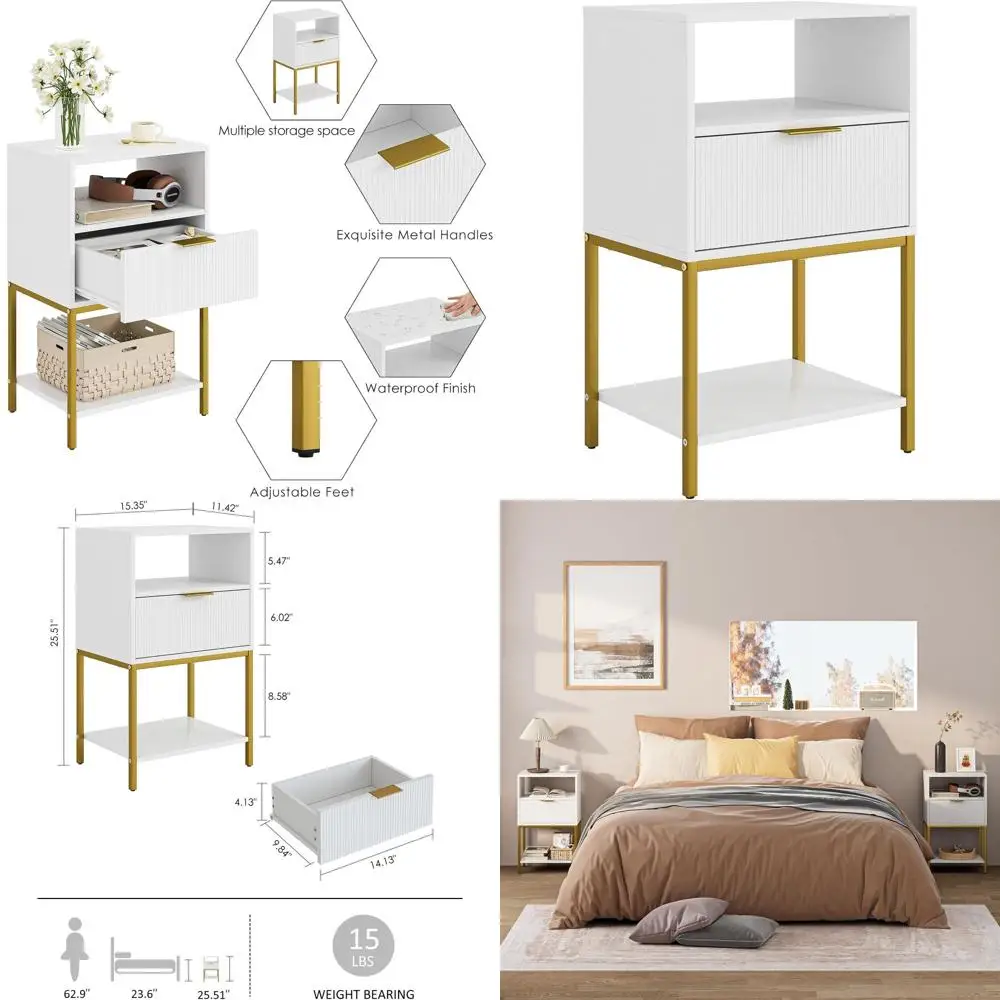 

Современная 3-ярусная прикроватная тумбочка с золотой рамой, белый прикроватный столик для спальни 25,51 дюйма с современными полосками