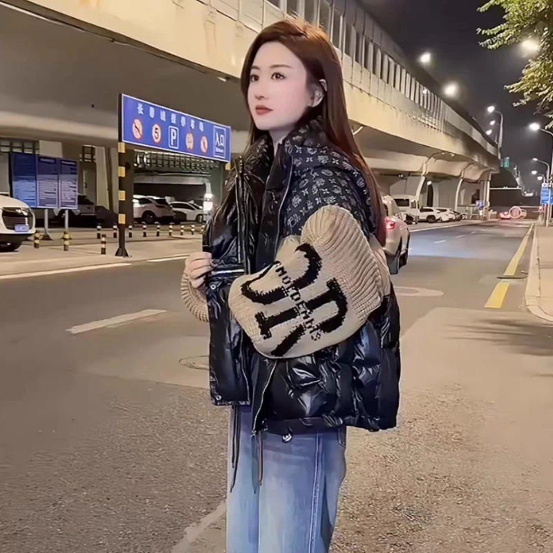 Splicing Hooded Down Jacket 2024 Fall and Winter New Fashion Trend Knitted Long-sleeved Loose Padded Warm Women's Jacket