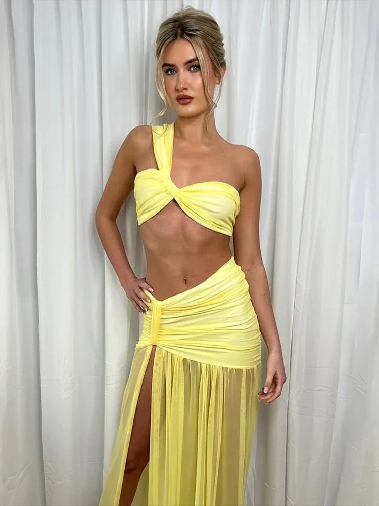 

Женские бандажные бюстгальтеры и юбки с высоким разрезом, комплекты из 2 предметов, лето 2025 года, сексуальное длинное платье макси с рюшами и сеткой, костюм для выпускного вечера, платья