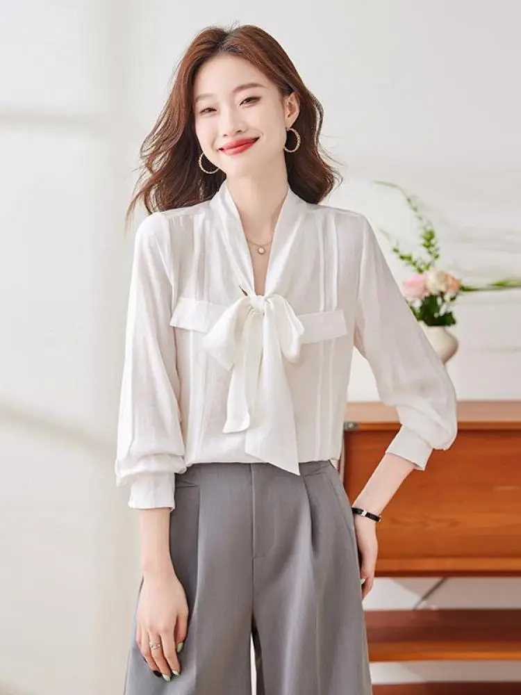 

Рубашка женская с бантом, профессиональная короткая плиссированная блузка с длинным рукавом, элегантный белый топ во французском стиле, весна-осень