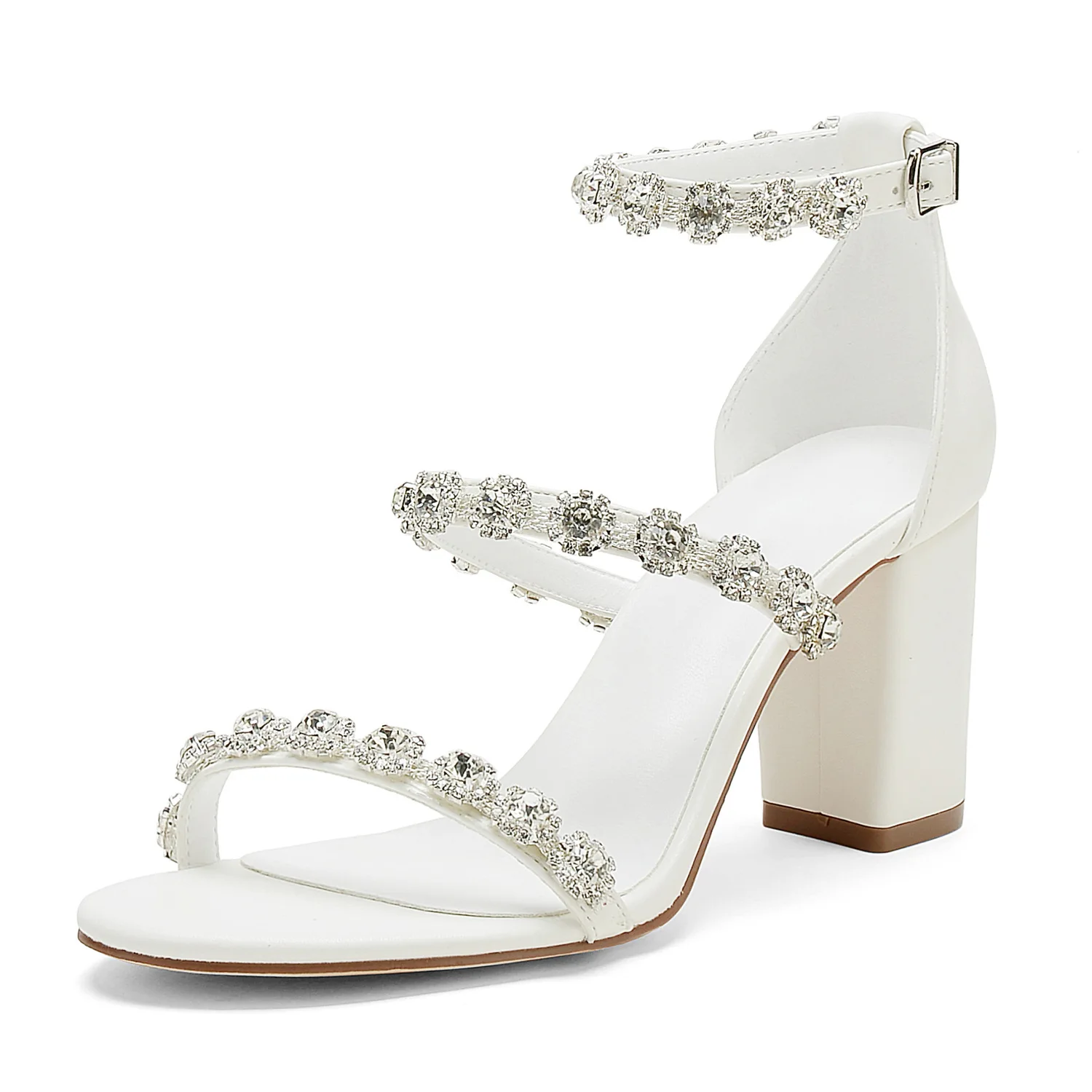 Glitter Rhinestone Flower Three Strap Cutout Sandals Open Toe Chunky High Heel Elegant Crystal Flower Women Shoes Zapatos Mujere