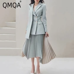 QMQA Fashion Women's Office Lady 2 Pcs Set Irregular Long Sleeve Blazer Coat Asymmetric Contrast Color Pleated Skirts Sets 1A596