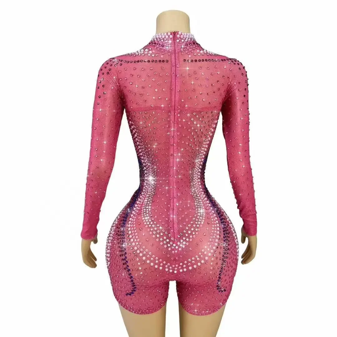 Seksowne błyszczące pełne cyrkonie Specjalne występy sceniczne Różowy trykot Zespół taneczny Impreza Świętuj pokaz Noszycie przezroczystych body