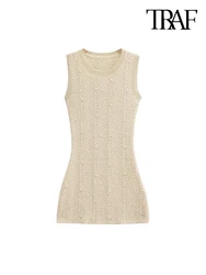 TRAF-Women's Faux Pearls Knit Mini Dress, O Neck, Sleeveless, Female Dresses, Chic Fashion