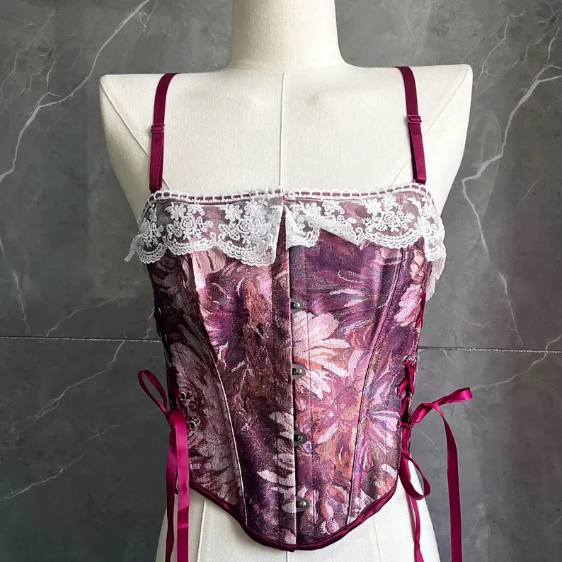 

renaissance floral corset top, vintage lace-up corset, french workwoman style corset, french lace-up corset top