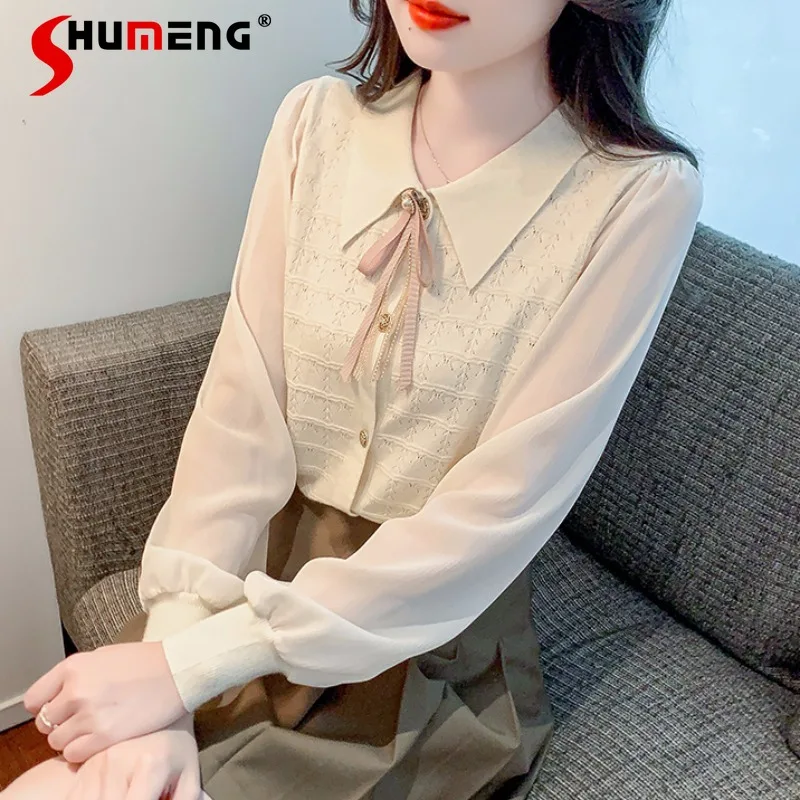 

Women's Doll Collar Chiffon Blouse Spring and Autumn 2023 New Western Style Popular Top Long Sleeve Lace Bottoming Shirt