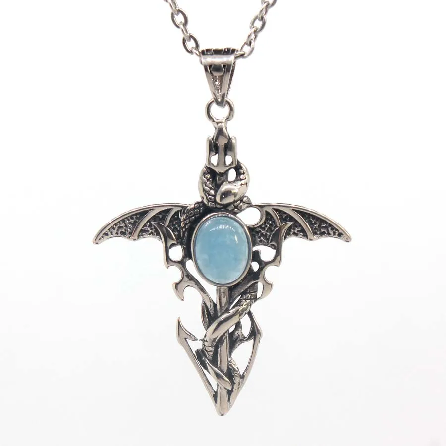 Titanium Steel Demon Sword Stone Pendant Necklaces For Women Natural Aquamarine Moonstone Dragon Cross Pendant Chain Men Jewelry