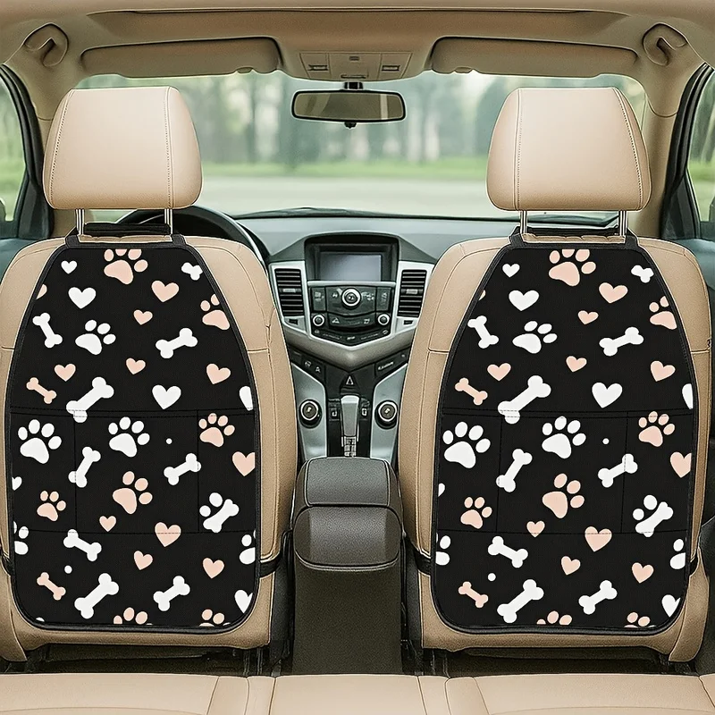 Car Seat Back Covers With Storage Pockets, Dog Paw Prints, Bones and Hearts, Cute Pet Themed For Pet Lovers