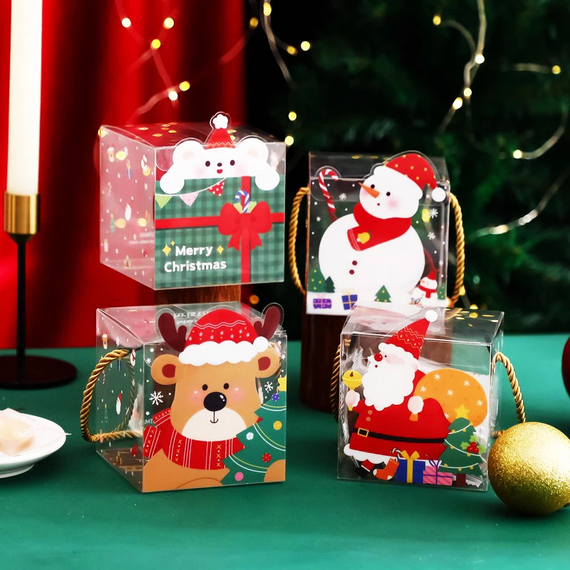 Christmas PVC Transparent Handheld Box Christmas Apple Box Cute Cartoon Candy Bag Cookie Snacks New Year Gift Packaging Decor