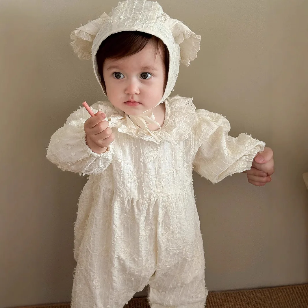 Baby Rompers Korean Jumpsuit 2025 New Autumn Baby Lace Collar Solid Crawling Suit Newborn One Year Old Clothes Trend