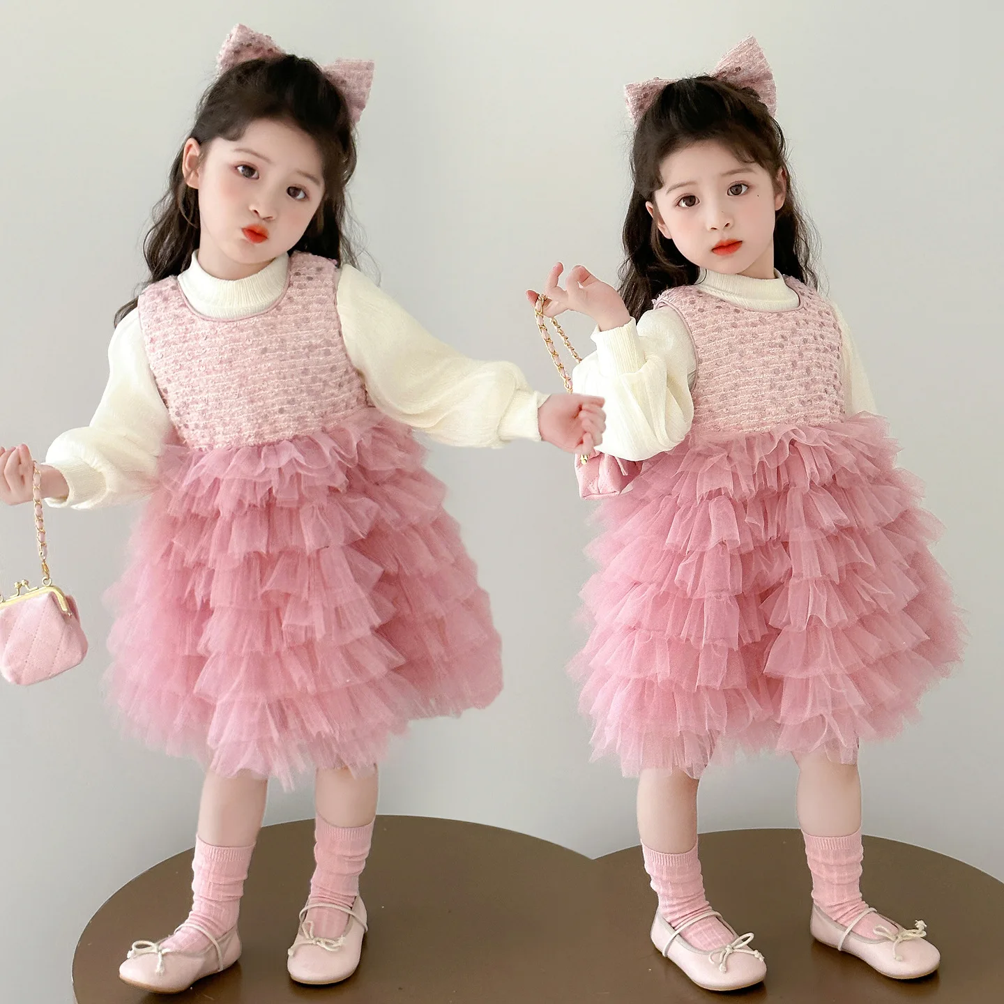 Girls Bubble Sleeve Cake Gauze Skirt Two-piece Set Spring and Autumn 2025 New Children's Korean Fashion Little Girl Suit
