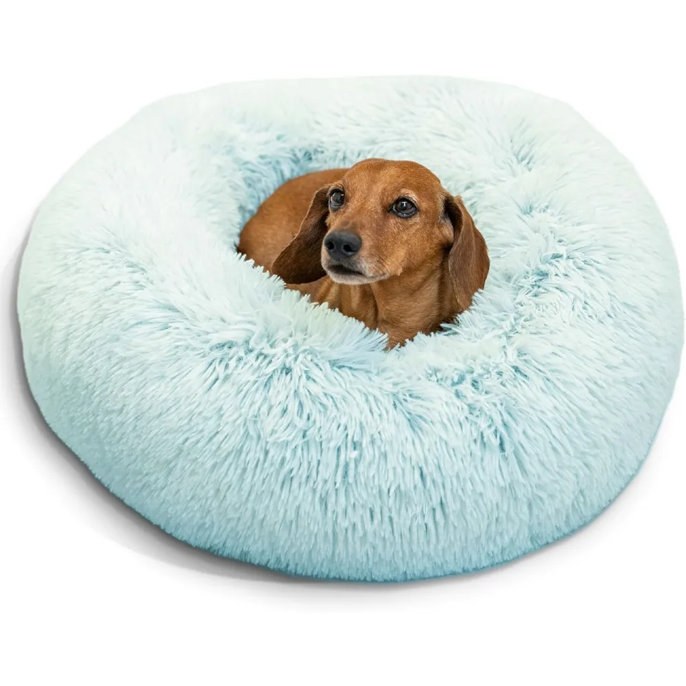 

Pet Bed, Long-haired Faux Fur, Light Blue, (23 Inches X 23 Inches) - Relieves Pet Anxiety