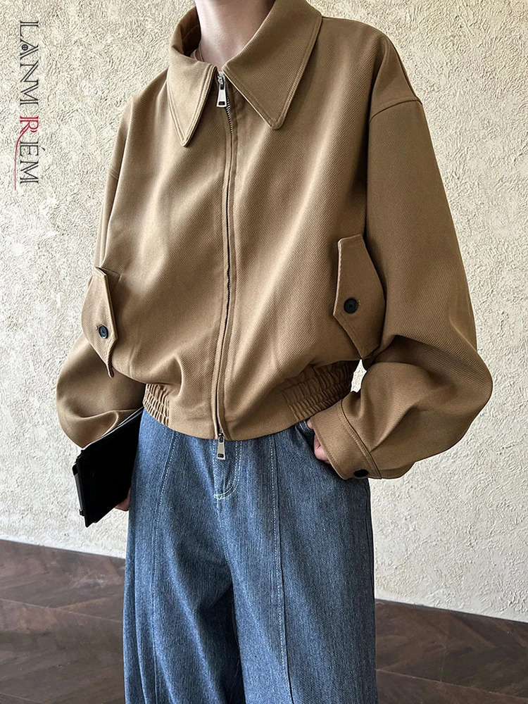 

[LANMREM] Khaki Pocket Double Zipper Casual Jacket New Lapel Long Sleeve Women Coat Fashion Tide Spring Autumn 2024 26C276