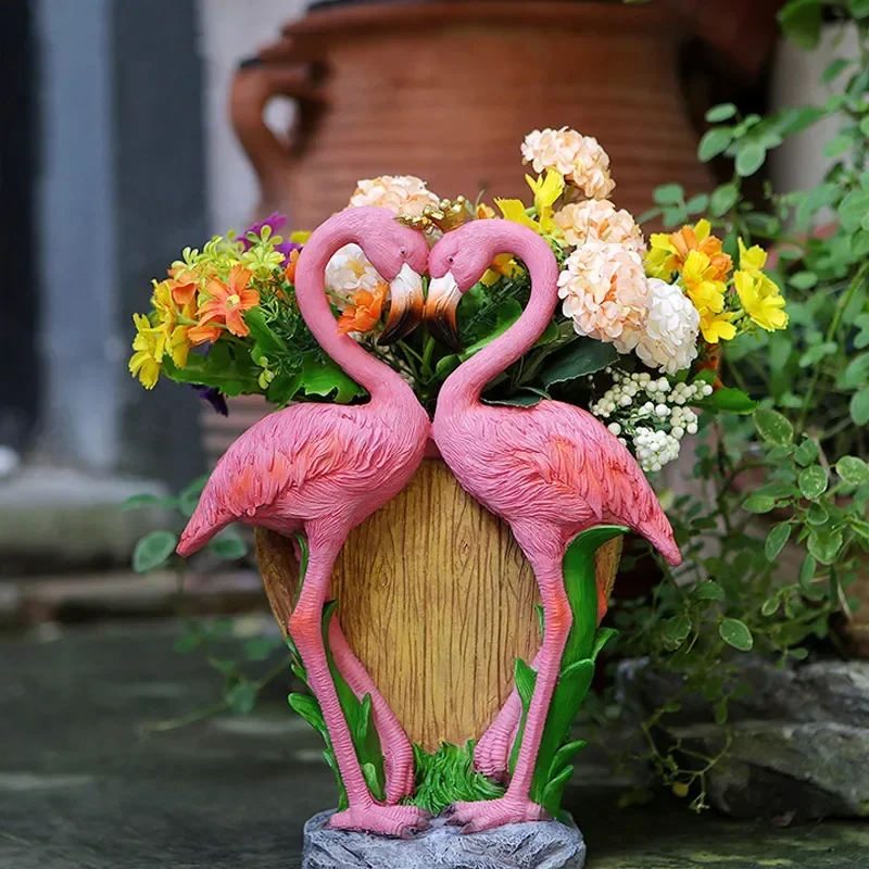 Sweet Couple Flamingo Flower Pot Resin Figurine Garden Animal Bird Sculpture Desk Model Ornaments Home Outdoor Decoration Gifts