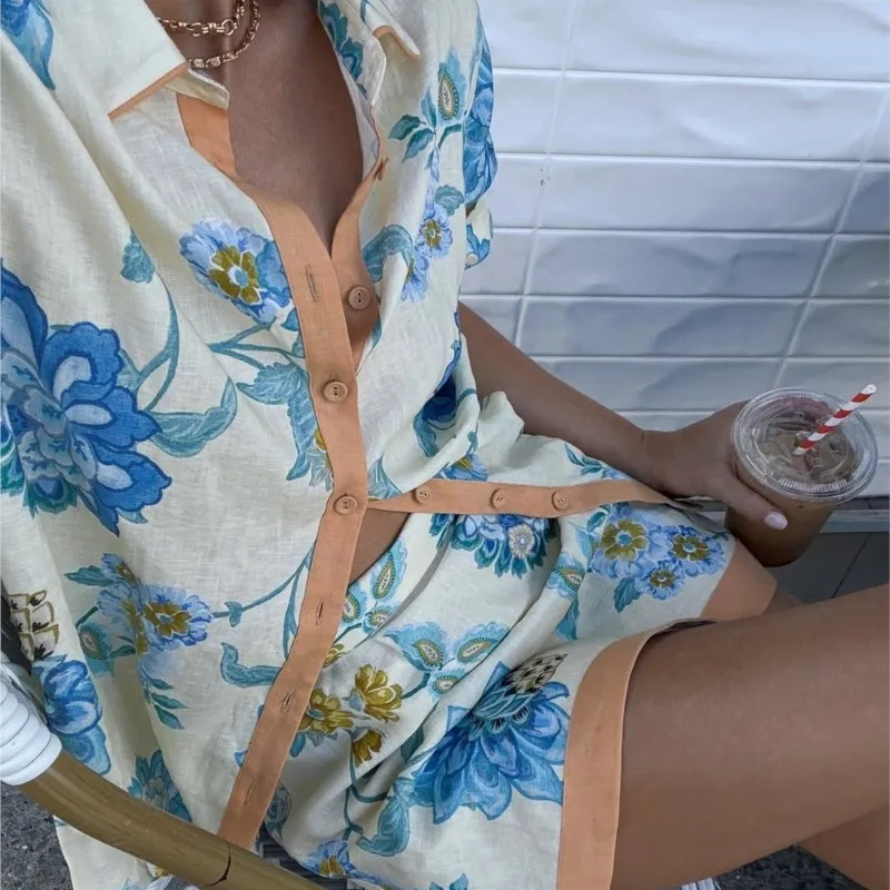 Summer Loose Print Women 2 Piece Set Outfit 2025 Vintage Short Sleeve Shirt With High Waist Mini Skirt Set Streetwear