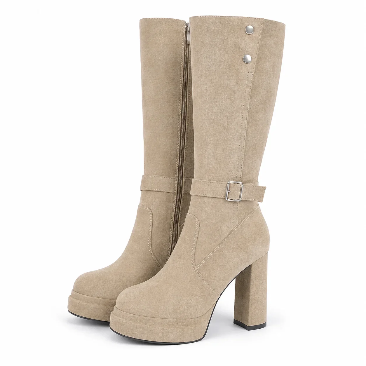 Platform Chunky Heel Knee Boots for Women Suede Side Zipper Metal Buckle Fashion Tall Boots Hot Sale Botas Mujer Free Shipping