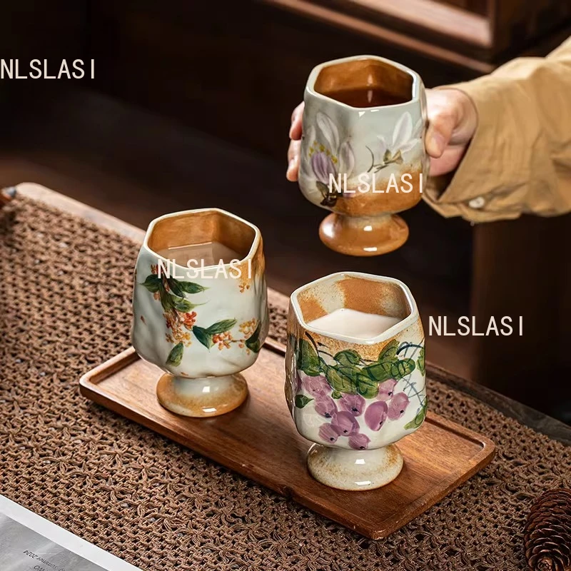 300ml Jingdezhen Ceramic Tea Cup Hand Drawn Coffee Cup Underglaze Colored High Footed Mug Household Drinking Utensils