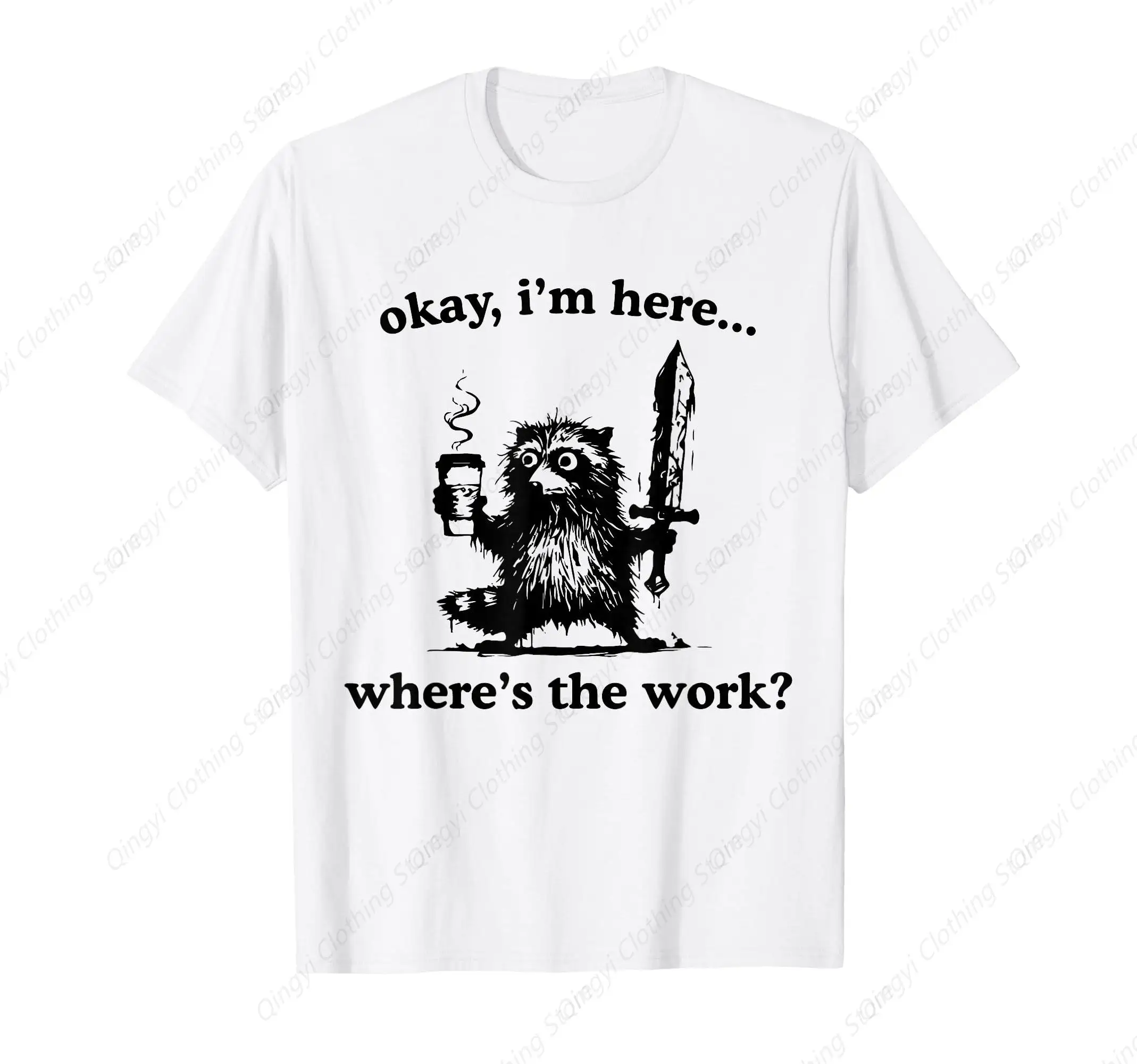 حسنًا أنا هنا أين العمل الراكون مع تي شيرت القهوة والسيف