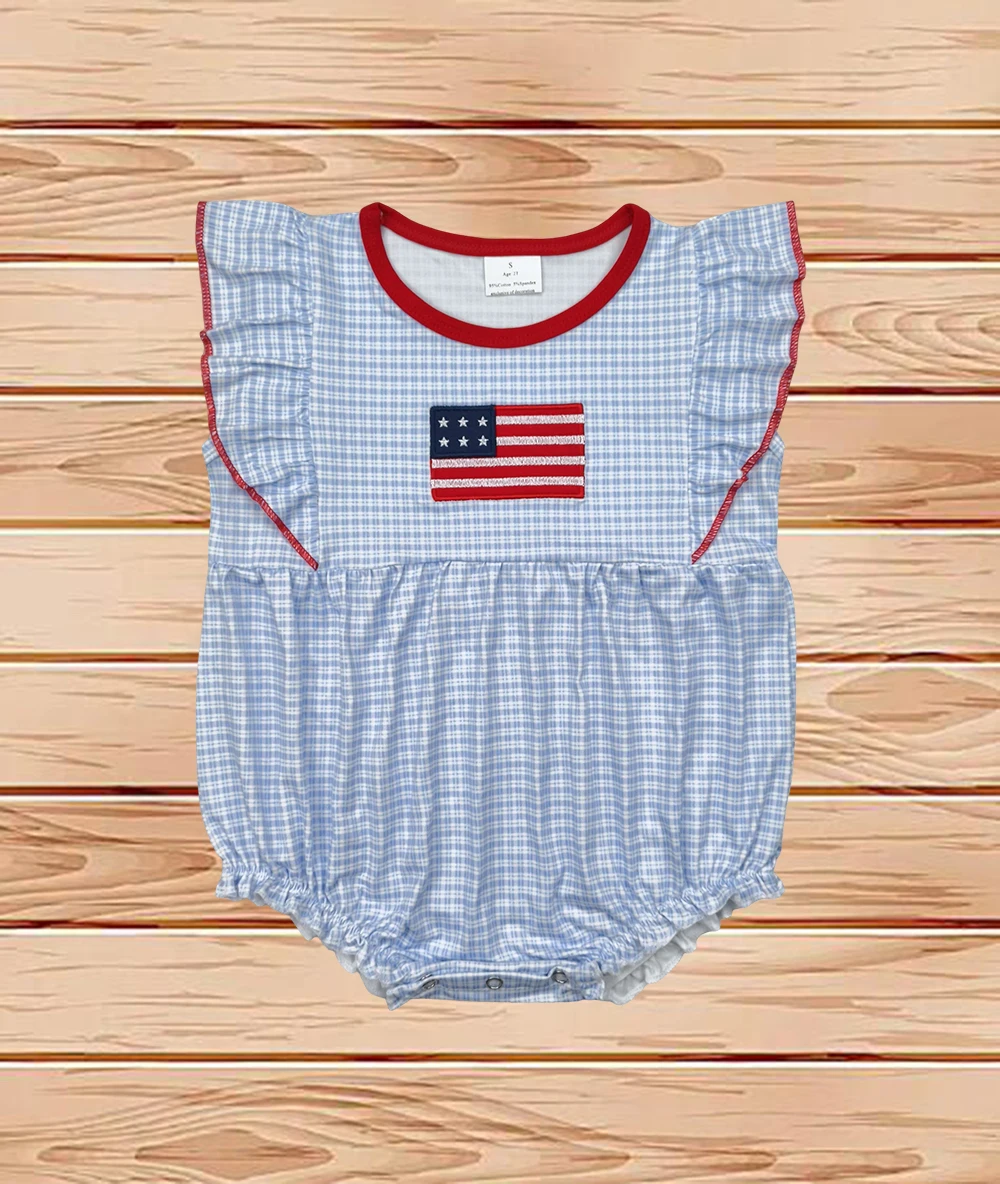 

4.14 Wholesale western boutique onesies Newborn toddler Embroidery Baby Infant Girls Blue Checkered Flag Rompers