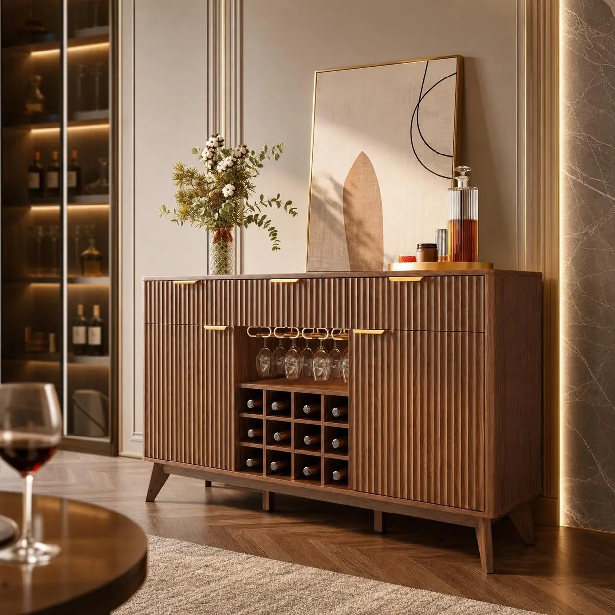 

60" Wide Fluted Wine Bar Cabinet with Storage, Modern Buffet Sideboard with 2 Side Cabinets, 3 Drawers, Liquor Rack and Glass Ho
