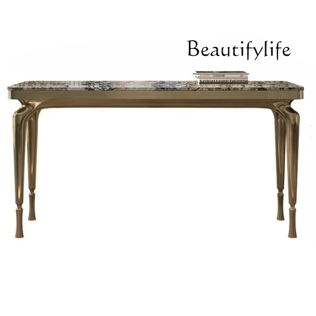 

Italian simple luxury natural marble entrance table high-end modern minimalist light luxury stainless steel entrance table