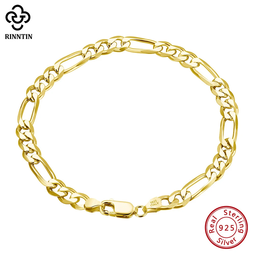 

Rinntin 925 Sterling Silver Italian 5mm Diamond-Cut Figaro Link Chain Bracelet for Women Men Fashion 14K Gold Punk Jewelry SB66