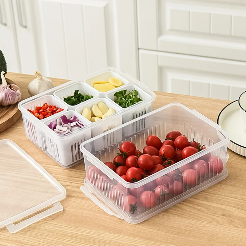 6 Grid Refrigerator Storage Box Fridge Organizer Drain Basket Vegetable Fruit Storage Containers Meat Onion Ginger Clear Crisper