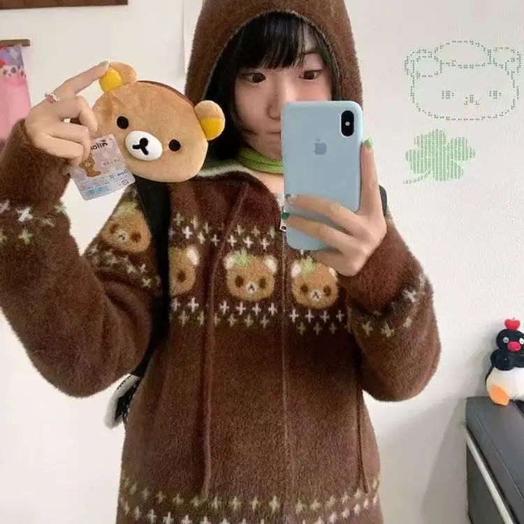 

Японский сладкий коричневый вязаный кардиган на молнии в консервативном стиле, свитер с капюшоном, пальто с милым медведем, трикотаж с героями мультфильмов, зима-осень, Kawaii