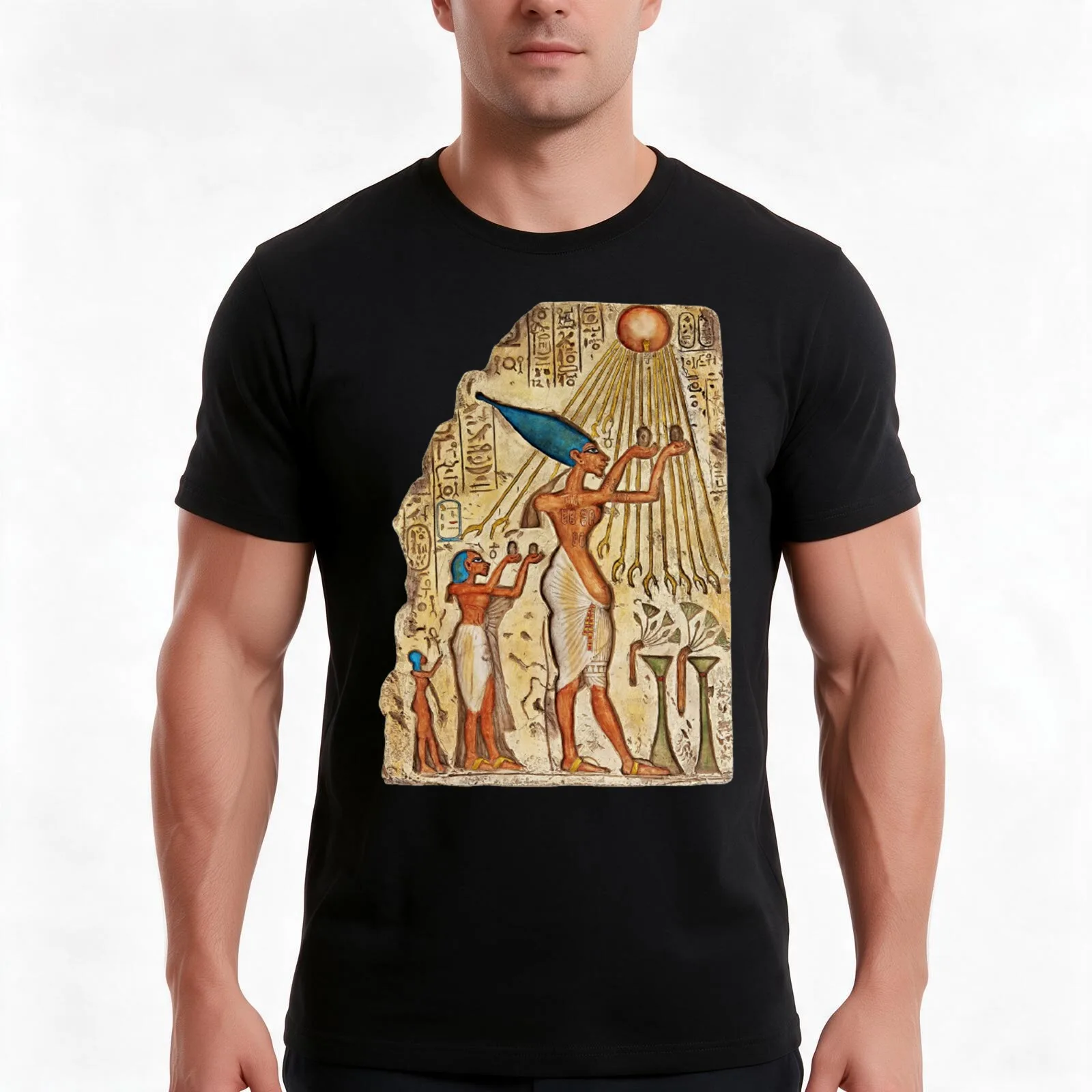 Akhenaten and his Family are worshiping & offerings to Aten the Sun's disc T-Shirt Summer Casual Cotton Tee Unisex Men Women