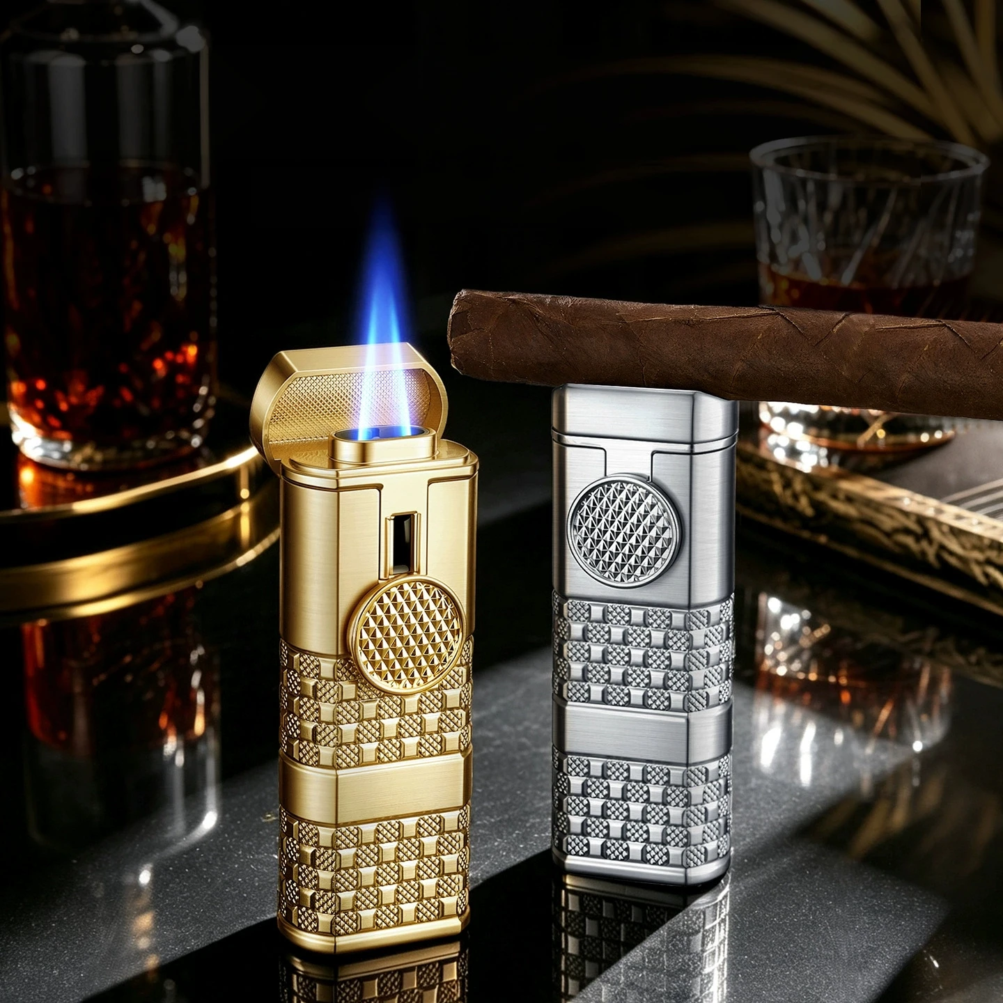 New metal double straight jet ignition belt cigar tool cigarette lighter windproof inflation sliding ignition high-end lighter