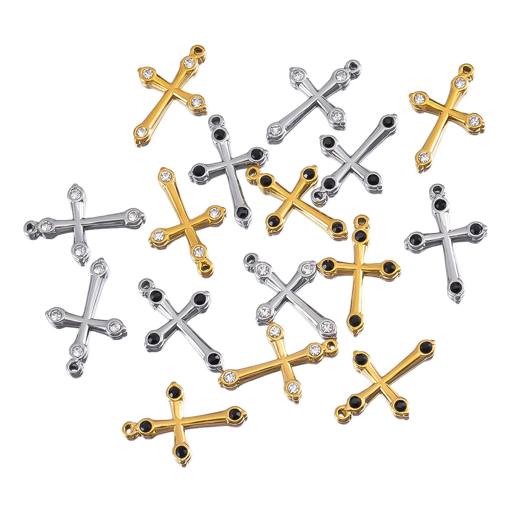 

2pcs 304 Stainless Steel Cross Shaped Inlaid Rhinestone Pendant High Color Retention For DIY Necklace Accessories Versatile