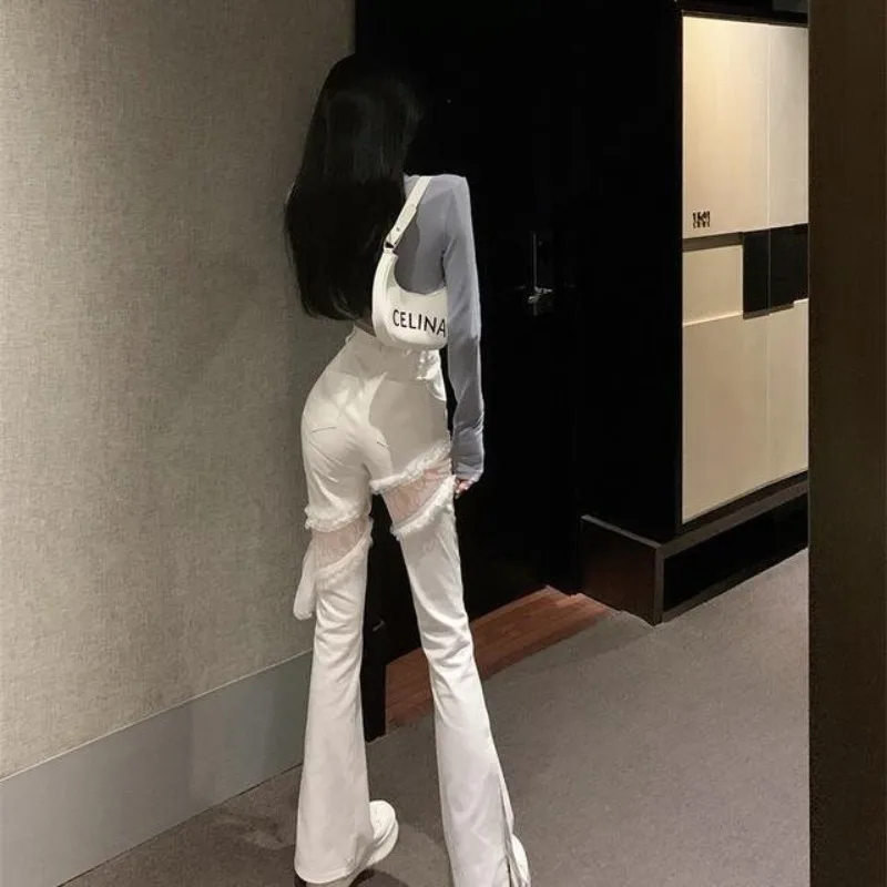 Y2k Lace Stitching Hollow Out Side Slit Bandage High Waist Flared Jeans Slim Gothic Punk Streetwear Denim Pants Harajuku Trouser
