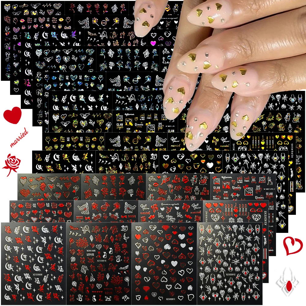 12 pezzi laser colorato cuore d'amore adesivi per nail art San Valentino oro rosso labbro rosa angelo decalcomania per unghie amore palloncino manicure decor