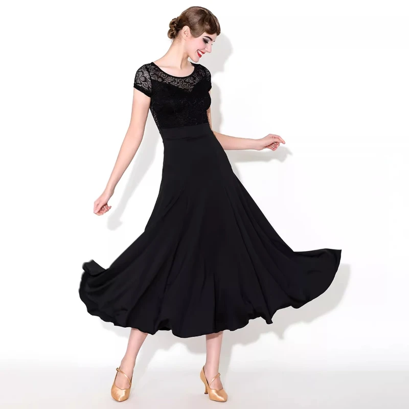 

Adult Women's Premium Short Sleeve Lace Ballroom Outfit Modern Style Large Swing Skirt Ideal for Training and Competitions