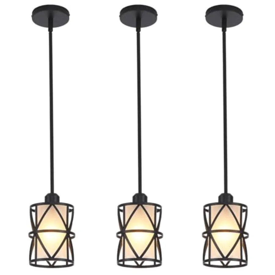 Pendant Light Kitchen Island Pendant Light, Stem Rod Hanging Light with Spiral Cage Frosted Glass Shade, Black Modern Indoor Ha