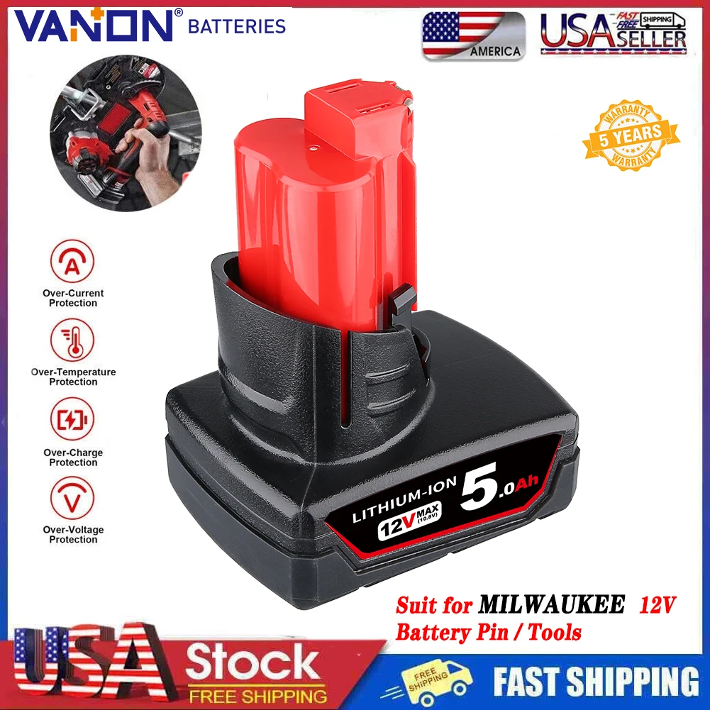 

VANON 5.0Ah M12 Li-on Compatible for Milwaukee 12V Power Tools Replace for Milwaukee 12 Volt Battery Pin 48-11-2440 48-11-2412