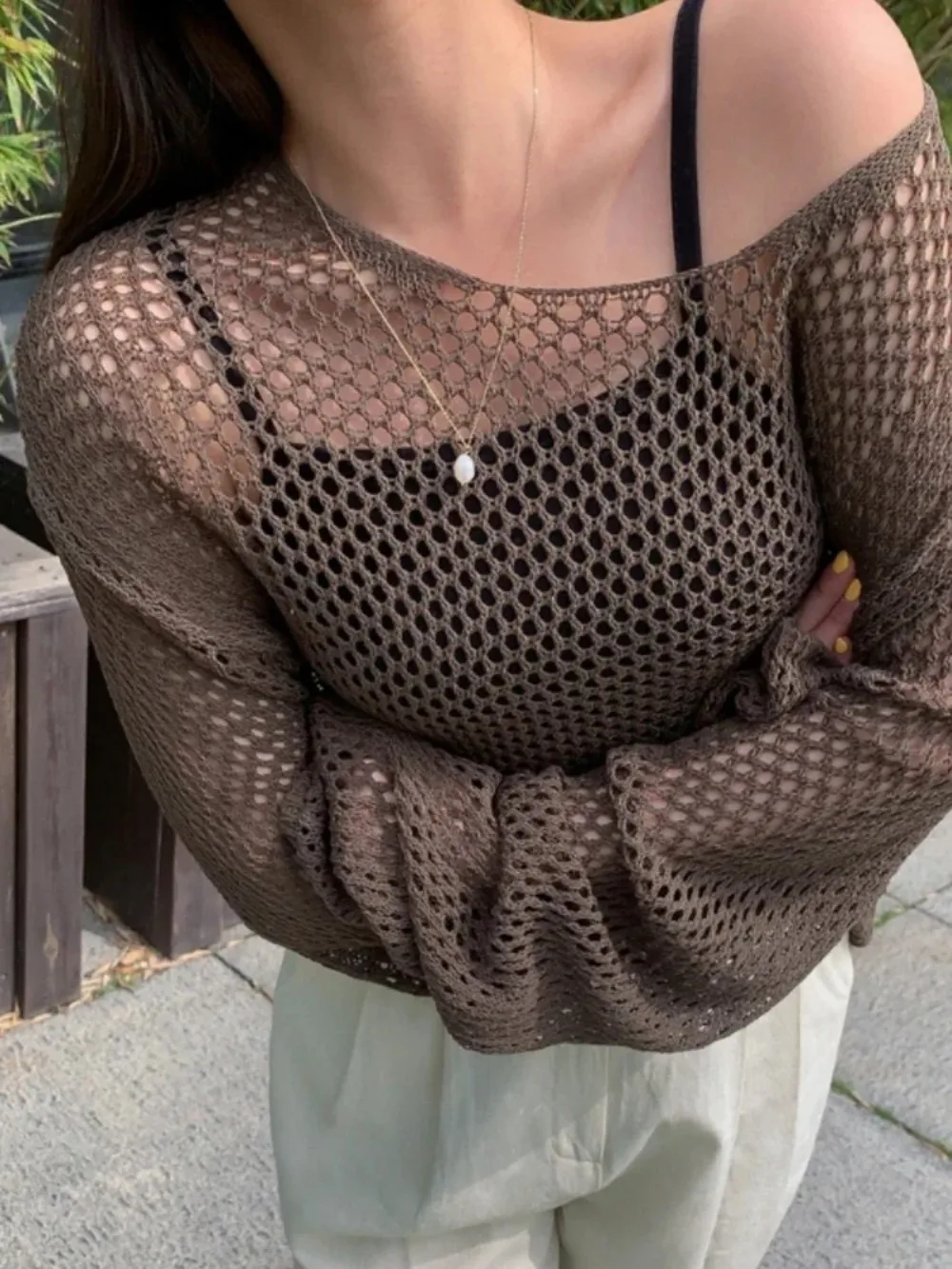 

Hole Ripped Knitted Smock Tops Sexy Cropped Pullover Hollow Out Spring Autumn See Through Batwing Sleeve Sweater Knitwear 2025