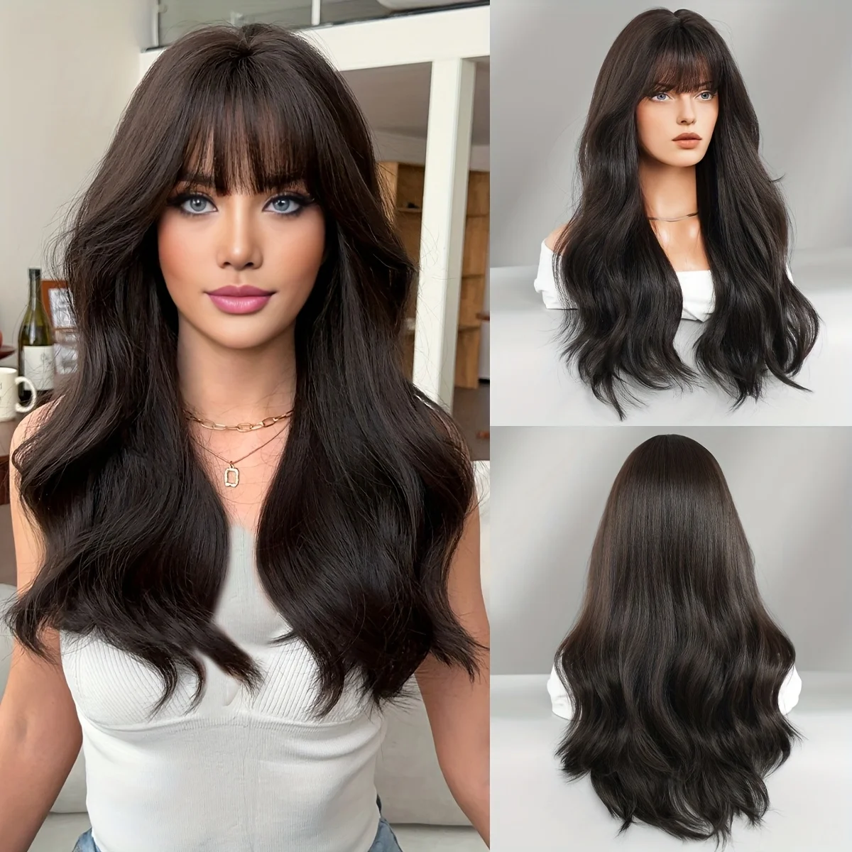 Long Loose Curly Dark Brown with Bangs High Density Fluffy Black Brown Ladies Daily Party Heat Resistant Synthetic Wig 24 Inches