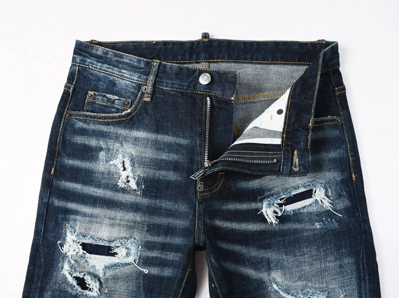 Men Dark Blue Distressed Ripped Patchwork Stretch Slim Skinny Denim Jeans Hip Hop Trendy Street Style Denim Jeans hombre
