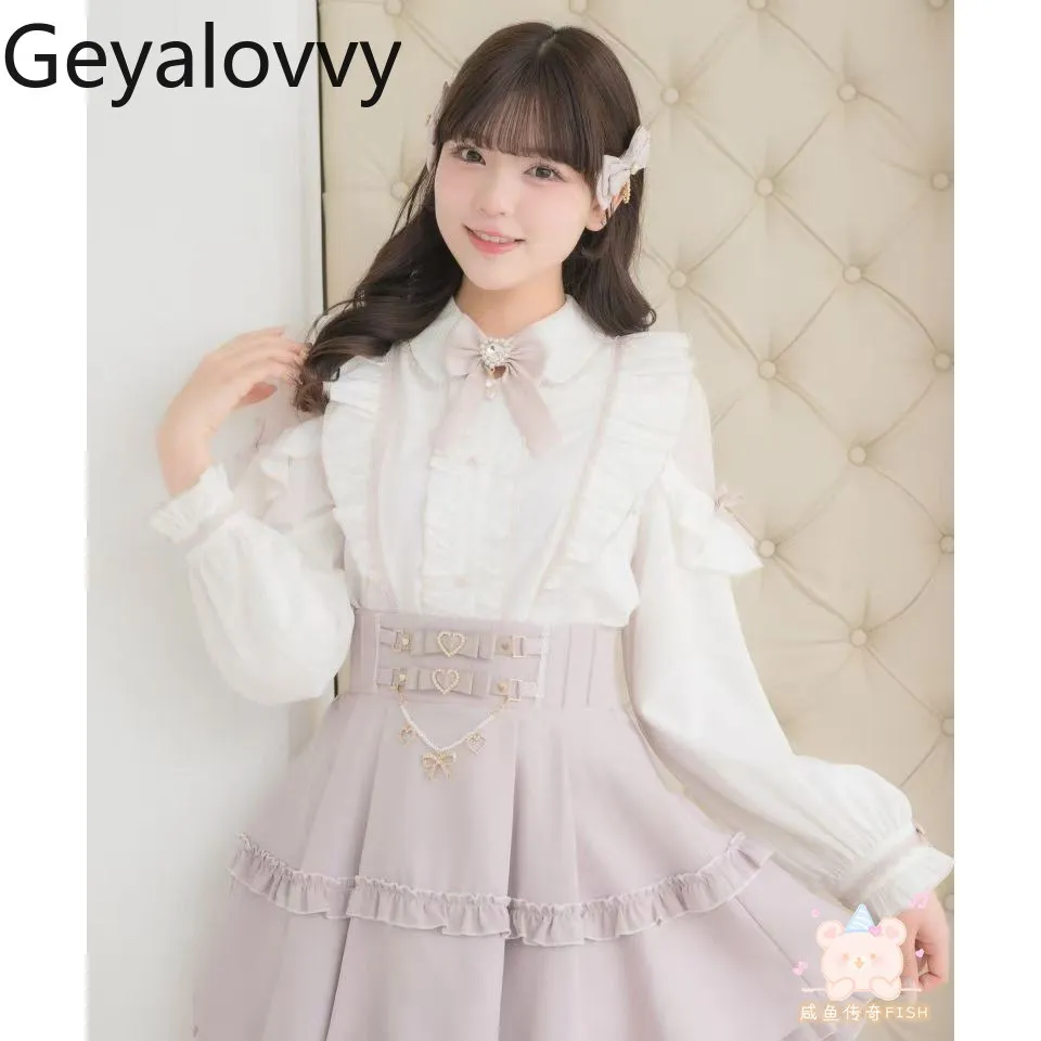 

Новая весенняя коллекция 2026: Рубашка в японском стиле с бантом, открытыми плечами, кружевными вставками, милый универсальный топ с воротником-стойкой и длинными рукавами для девочек