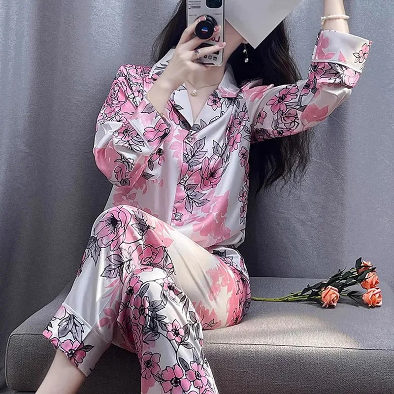 Spring Summer Ice Silk Women Pajamas Silk Stain Retro Floral Pajama Sets Lapel Pijamas Woman Long Sleeved Home Clothing