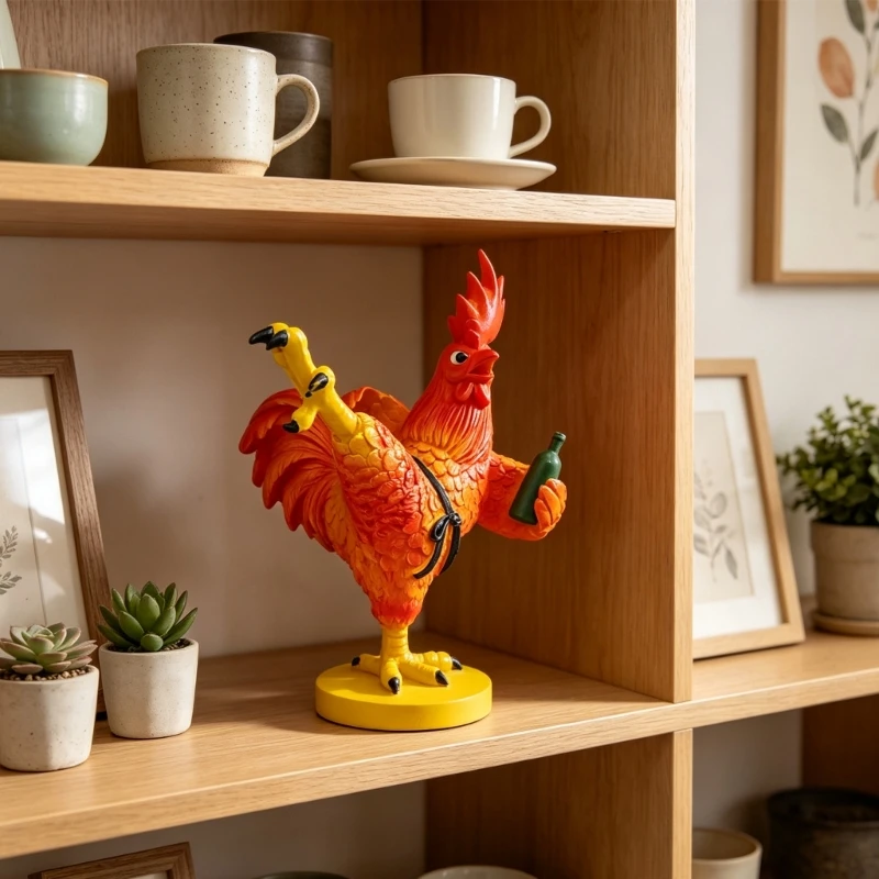 Decorative Chicken Figurine Set of 2 with Bold Hues, 3D Character Features, and Flexible Placement for Indoor Tables, Shelves
