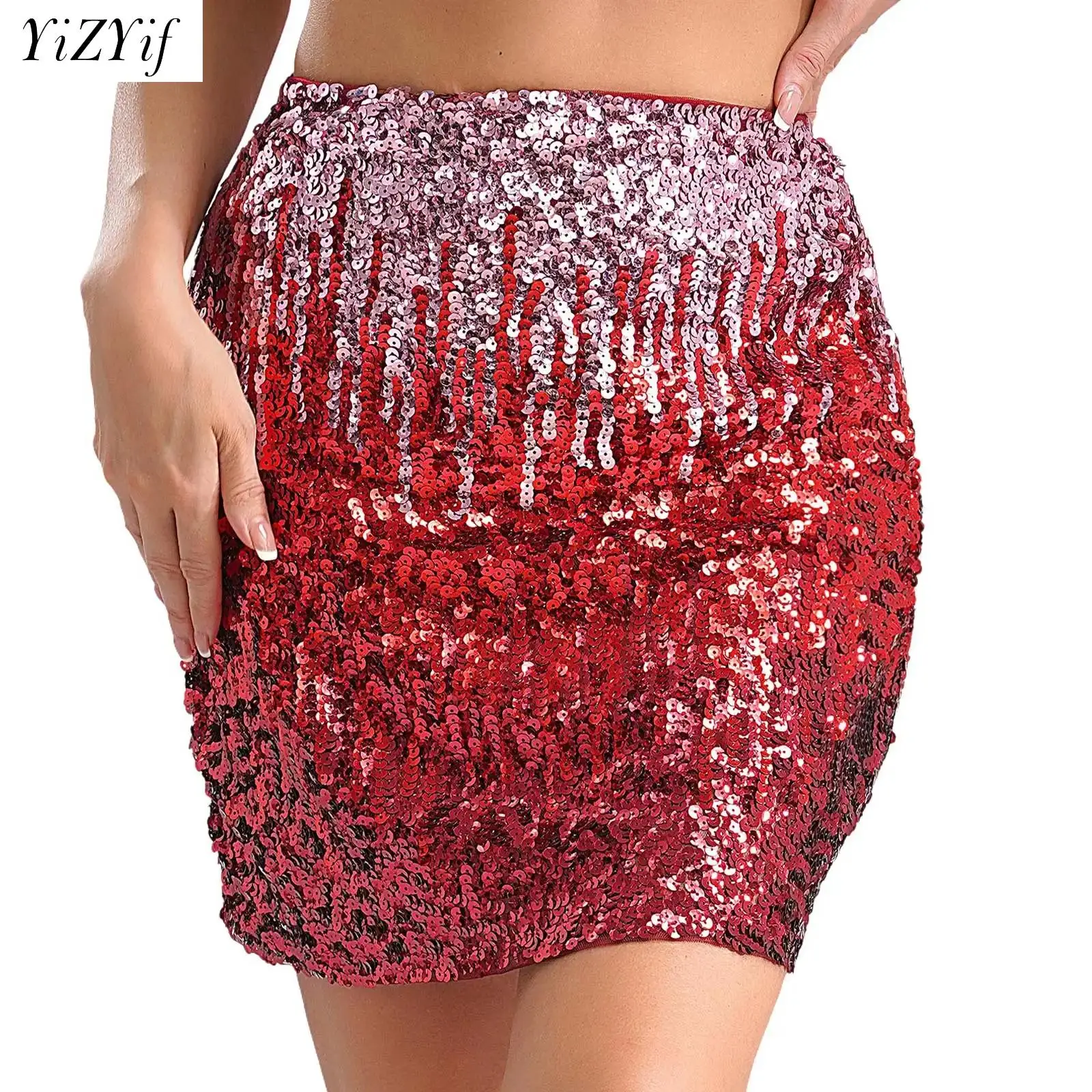 Women Gradient Sequin Mini Skirt Lady High Waist Elastic Waistband Pencil Skirts Carnival Nightclub Cocktail Party Bodycon Skirt